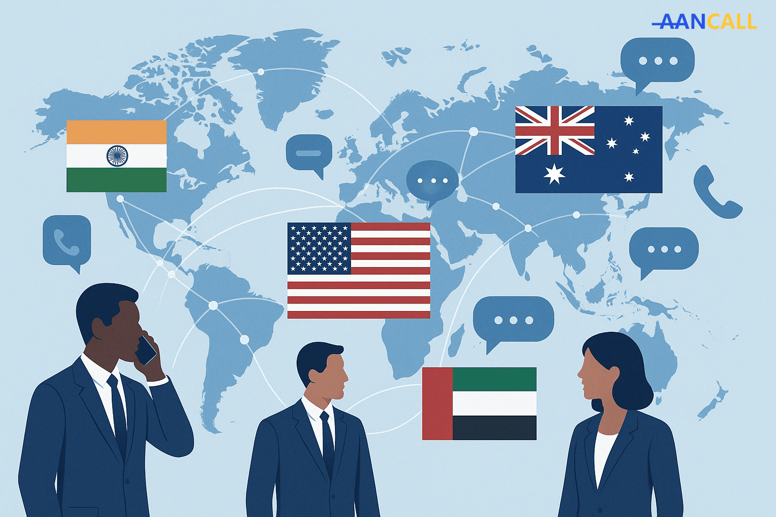 World map with interconnected flags of India, USA, UK, Australia, and UAE, symbolizing global business communication.