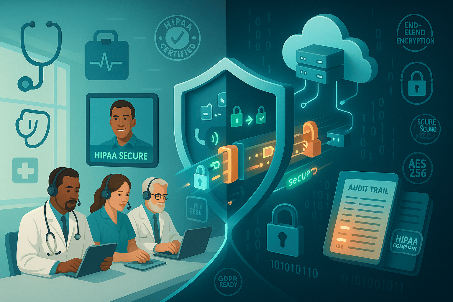 HIPAA-compliant Hosted PBX system securely connecting healthcare professionals and patients via encrypted voice calls, audit trails, and end-to-end data protection