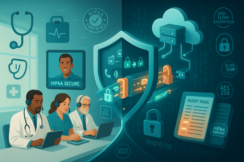 HIPAA-compliant Hosted PBX system securely connecting healthcare professionals and patients via encrypted voice calls, audit trails, and end-to-end data protection
